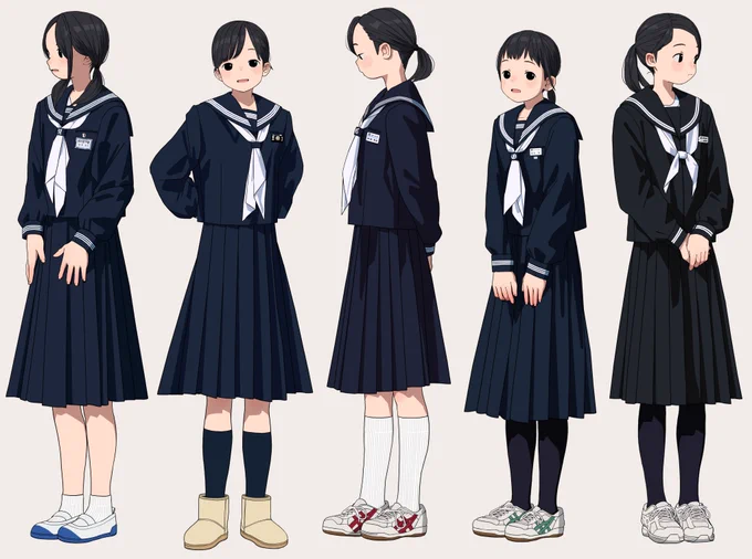 白スカーフ・白ラインの中学セーラー服
(左から)春日部市立谷原中学校(埼玉県)
・小樽市立末広中学校(北海道)
・取手市立野々井中学校(茨城県)
・横手市立鳳中学校(秋田県)
・射水市立新湊西部中学校(富山県) 