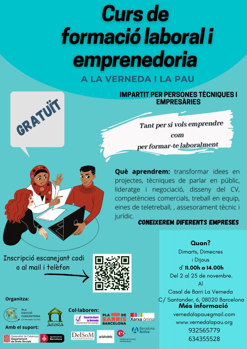 Curs gratuït – presencial – de formació laboral i emprenedoria. Us podeu inscriure a sessions individuals. Properes novembre d'11 a 14h:
Dimecres 10 competències comercials
Dijous 11 disseny CV canva
Dimarts 16 Lideratge i negociació. Inscripcions a forms.gle/4RNdJh4hQGxKEB…