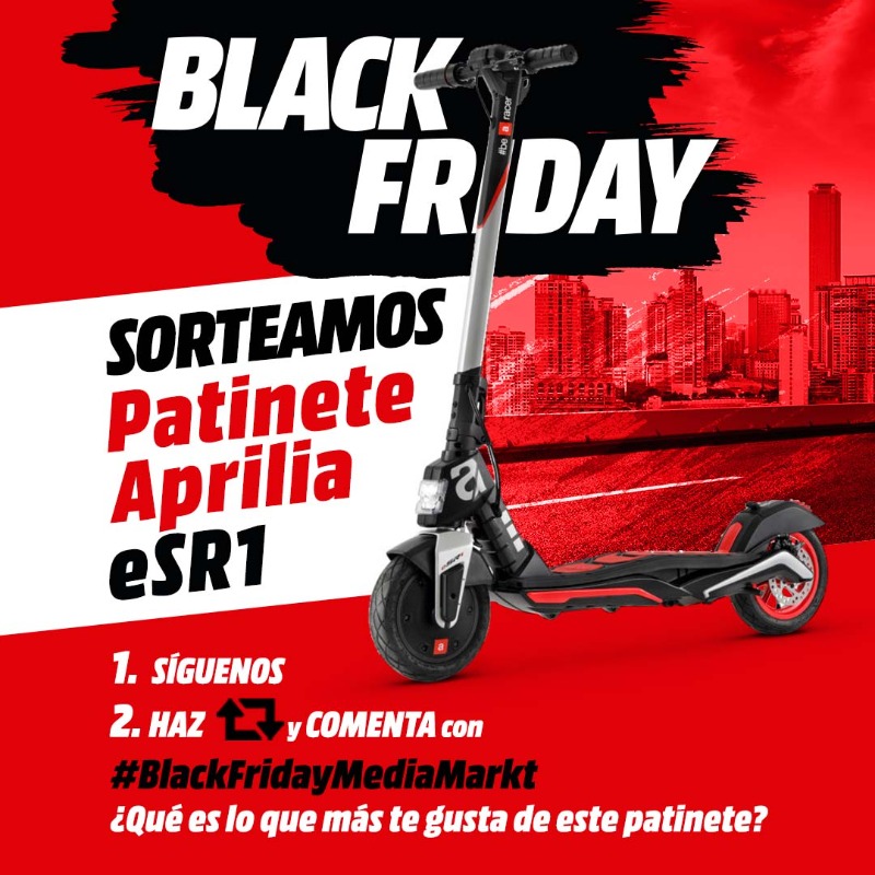 MediaMarkt_es's tweet photo. 𝗦𝗢𝗥𝗧𝗘𝗔𝗭𝗢 𝗕𝗟𝗔𝗖𝗞 𝗙𝗥𝗜𝗗𝗔𝗬
◼️◼️◼️ Patinete Aprilia eSR1 ◼️◾️▪️ 🛴🔥
👉 Síguenos
👉 Haz RT
👉 Comenta con #BlackFridayMediaMarkt ¿Qué es lo que más te gusta de este patiente?

Hasta el 14/11 https://t.co/kr3d5pLUUx
