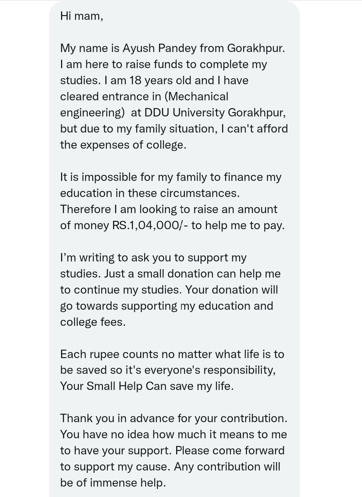 DeepikaBhardwaj's tweet photo. FUND HIS EDUCATION 

Abhay comes from a poor family. He has secured admission in B. Tech Mechanical Engineering but his family can't afford the fee. He needs 1,04,000 which can directly be given to college in form of DD. If anyone can help this boy please DM. https://t.co/dil2HZDiBc