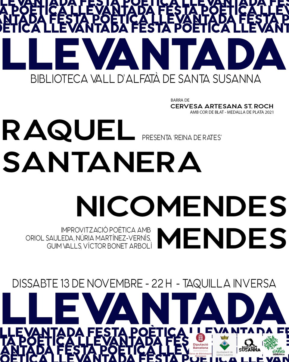 BibVallAlfata's tweet photo. Aquest dissabte, Llevantada! Festa poètica amb Raquel Santanera i Nicomendes Mendes.
Barra a càrrec de @StRochCervesa
🍻
Amb Buscant Susanna
@bibliotequesXBM @stasusanna_cat https://t.co/PBi47RBqOe