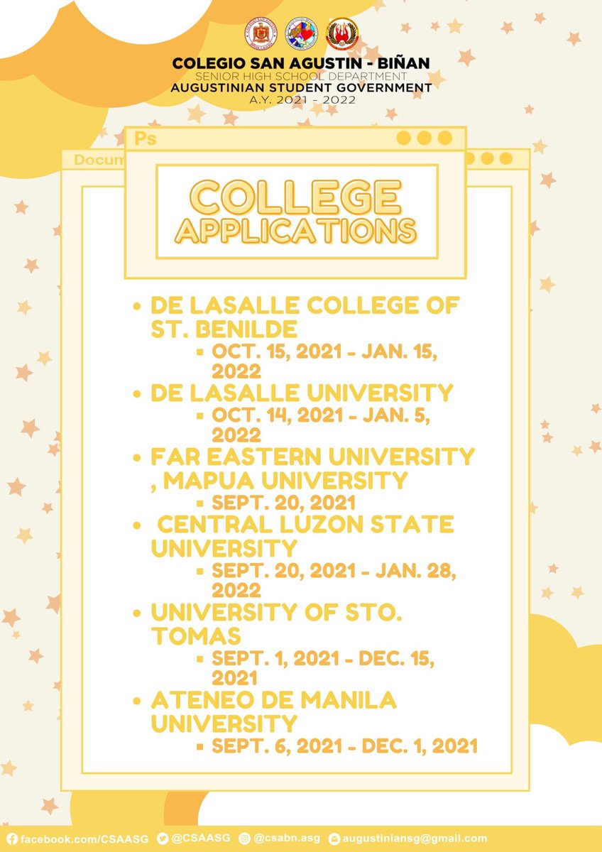 CSAASG's tweet photo. Fellow Augustinians! π£
College applications are now ongoing! To help you stay updated and on track, listed below are the important dates to keep in mind for each university. π§
Best of luck, Augustinians! And get those applications going. πβ€οΈπ
#ProjectUNIverse https://t.co/wbarLRm971