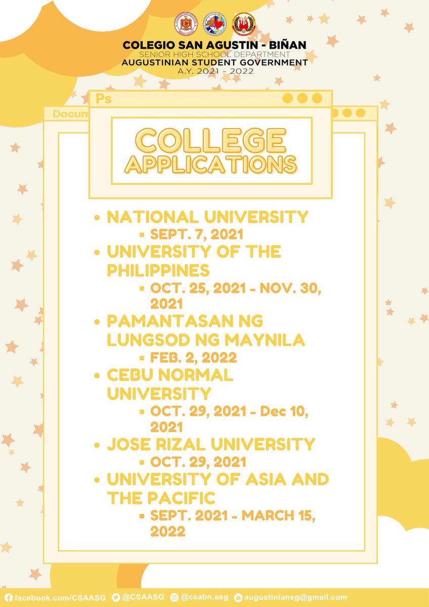 CSAASG's tweet photo. Fellow Augustinians! π£
College applications are now ongoing! To help you stay updated and on track, listed below are the important dates to keep in mind for each university. π§
Best of luck, Augustinians! And get those applications going. πβ€οΈπ
#ProjectUNIverse https://t.co/wbarLRm971