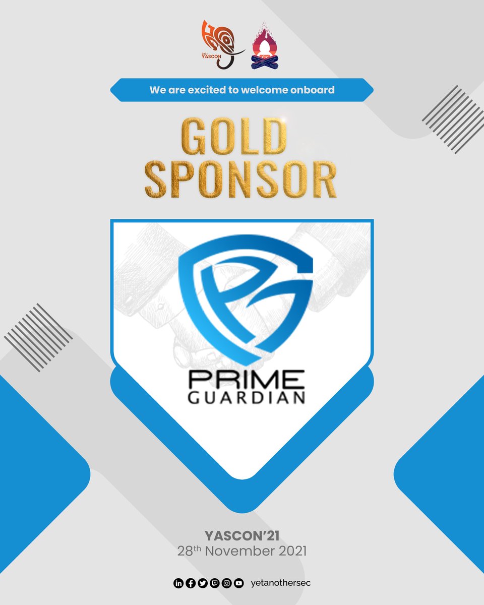 Privileged to Welcome onboard Prime Guardian Cyber Security Services as our Gold Sponsor for YASCON 2021.

YASCON 2021 will be streamed LIVE on Nov 28, follow the link for free registration: yetanothersec.com/yascon2021/reg…
#yascon2021 #securityawareness #conference2021 #cybersecurity