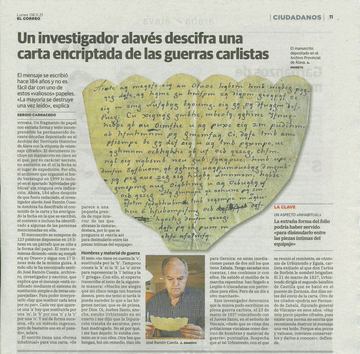 Un investigador descifra una carta encriptada de las guerras carlistas que pudo ser escrita hacia 1837
elcorreo.com/culturas/desci…