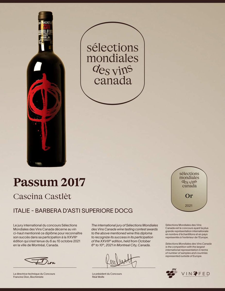 cascinacastlet's tweet photo. #Passum #BarberadAsti Superiore 2017 ha ricevuto la #MedagliaOro alla Sélections Mondiales des Vins Canada 🥇
Passum Barbera d'Asti Superiore 2017 was awarded the #GoldMedal at the Sélections Mondiales des Vins Canada 🥇
Thanks @smvcanada! ❤️ https://t.co/PtzUpwgDYN