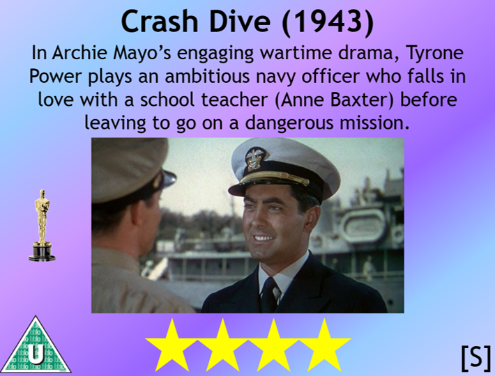 LukeThorne94's tweet photo. Archie Mayo's Oscar-winning wartime drama #CrashDive (1943) gets its first showing on @TalkingPicsTV on Saturday 4 December at 6:50pm. Starring #TyronePower, #DanaAndrews and #AnneBaxter. https://t.co/3W0Nbw1nVu