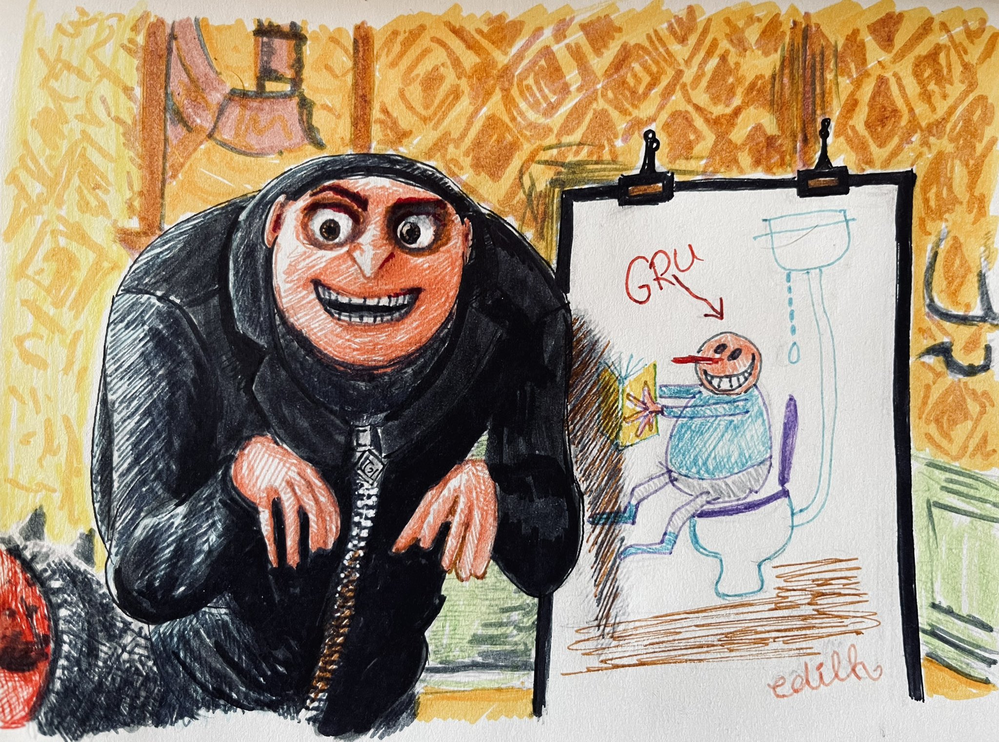 Colin Merrick I Fly To The Moon I Shrink The Moon I Grab The Moon I Sit On The Toilet Inktober Inktober21 Fanart Gru Feloniousgru Universalstudios Illumination Despicableme Illustration Ink