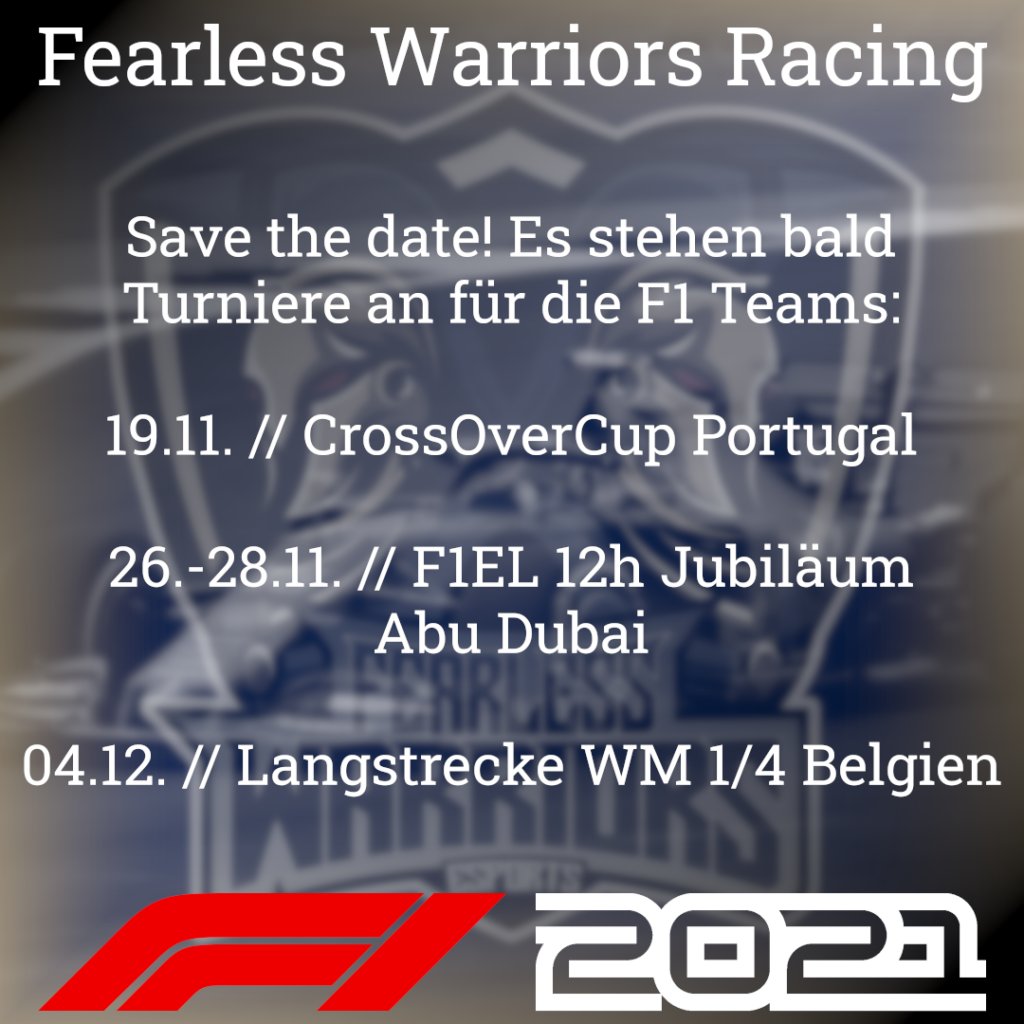 Fearless Warriors eSports (@fearwarr) on Twitter photo Es gibt direkt noch weitere Neuigkeiten: Die nächsten Termine für Rennen der Racing Teams stehen fest und wir sind gespannt, wie sich die neuen Aufstellungen bewähren. Auf unserer Website findet ihr Links zu unseren Streamern, natürlich auch vom F1 Team!
fearless-warriors-esports.de/f1-renntermine/ Es gibt direkt noch weitere Neuigkeiten: Die nächsten Termine für Rennen der Racing Teams stehen fest und wir sind gespannt, wie sich die neuen Aufstellungen bewähren. Auf unserer Website findet ihr Links zu unseren Streamern, natürlich auch vom F1 Team!
fearless-warriors-esports.de/f1-renntermine/