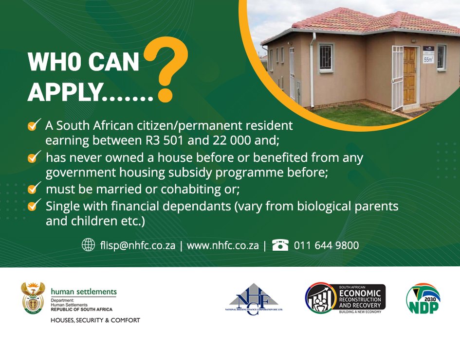 GovernmentZA's tweet image. DYK? You can become a first-time homeowner through the Finance Linked Individual Subsidy Programme (#FLISP) if you earn between 3 501 and 22 000 per month. This programme is facilitated by the National Housing Finance Corporation (
@NHFC_SOC
), a @The_DHS Finance Institution.
