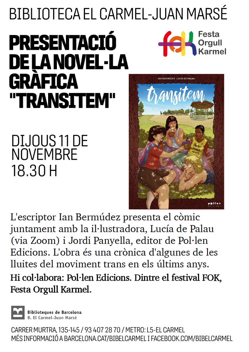 pol_lenedicions's tweet photo. #Activitats Dijous 11/11 18:30h @IanBermdez1 presenta la novel·la gràfica #Transitem #Transitamos il·lustrada per @luciadepalau A la Biblioteca Juan Marsé del Carmel Dins del festival #FOK Festa Orgull Karmel
https://t.co/dakRd4AS5m https://t.co/lCWcYf63dt