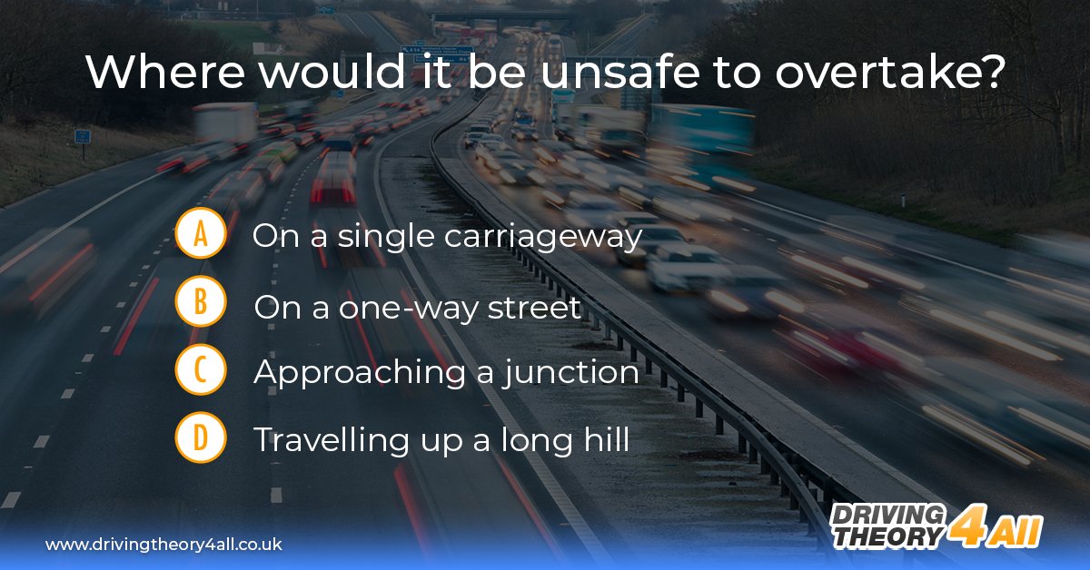 DT4A's tweet image. ✨ THEORY TEST PRACTICE QUESTION ✨

Where would it be unsafe to overtake?

a) On a single carriageway
b) On a one-way street
c) Approaching a junction
d) Travelling up a long hill

Leave your answer in the comments below 😀

#theorytest #theorytestpractice #theorytestquestion