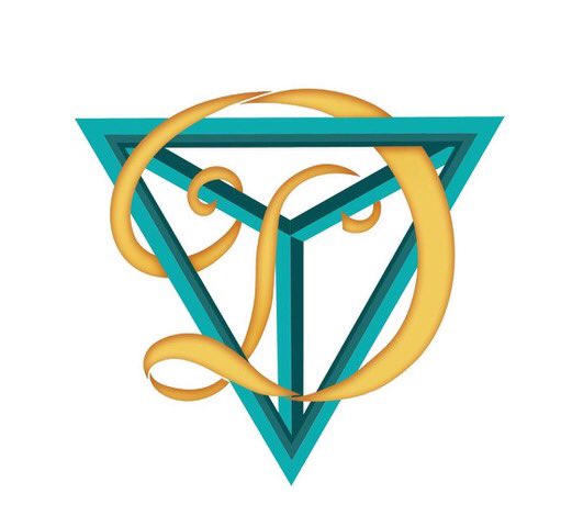 Da Vinci Life-Skills logo - a teal #tetrahedron, symbolizing #structure (shown as a #nabla), in the shape of a V, and a yellow ribbon, symbolizing #fluidity, in the shape of a D. #dvls #davinci #polymath #davincilifeskills