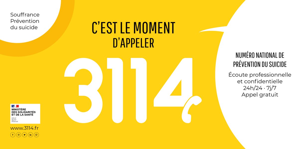 📞 Lancement du numéro national de prévention du suicide : <a href="/3114_appel/">𝟯𝟭𝟭𝟰</a>  
✅Gratuit, accessible 7j/7 et 24h/24, assuré par des professionnels de soins. Il permet d'apporter une réponse immédiate aux personnes en détresse psychique et à risque suicidaire.