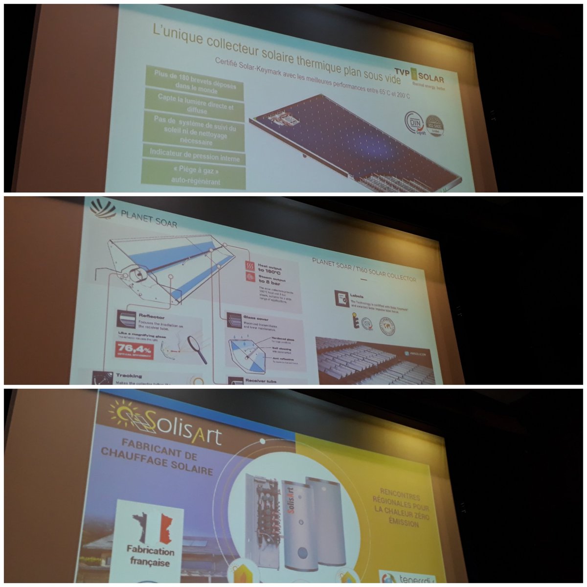 Picth de 3 solutions : <a href="/tvpsolar/">TVP Solar</a> #Panneausolaire sous vide poussé #Solairethermique #décarboné / @TENERRDIS <a href="/PlanetSoar/">Planet Soar</a> collecteur de chaleur solaire  haut rendement / <a href="/_SOLISART_/">SOLISART</a> fabricant de #chauffagesolaire @TENERRDIS