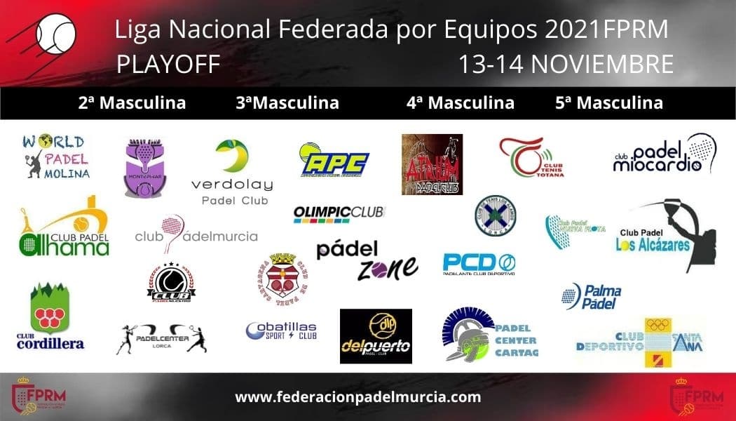 FedPadelMurcia's tweet photo. 📢Los Playoff de La Liga Nacional Federada alzan el telón en #ClubCordillera con los mejores equipos de cada categoría 🚺🚹‼
👏Enhorabuena a todos los equipos clasificados!!!
#CELigasAut #FEP #padel #FPRM
#ConsejoSuperiorDeDeportes #SomosFPRM #deportesmurcia #regiondemurcia https://t.co/U14on9Y1uq