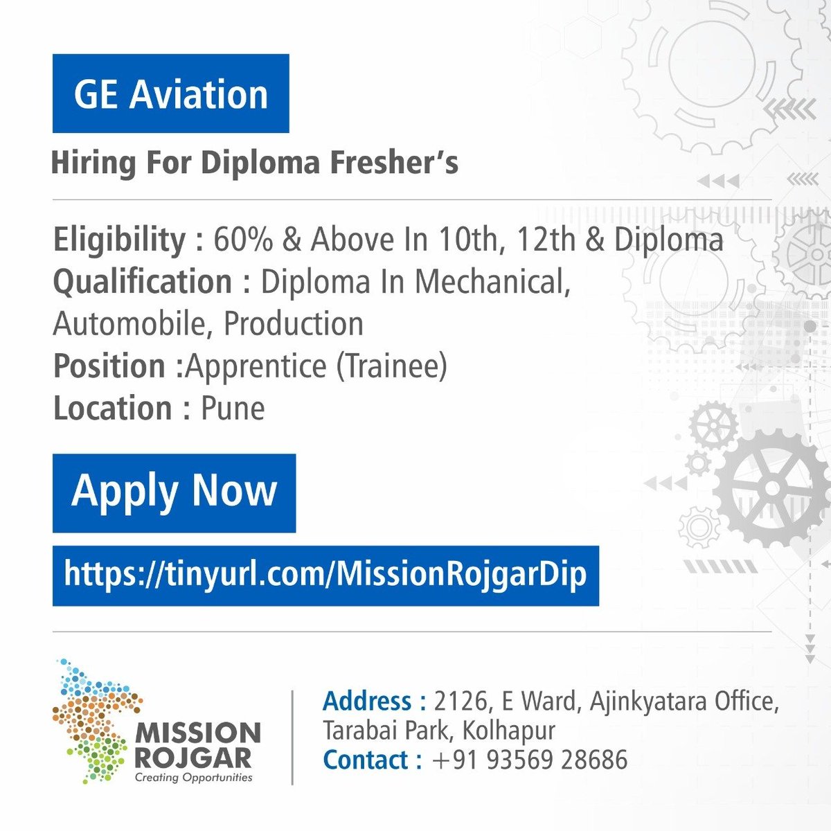 Mission_Rojgar's tweet photo. #Mission_Rojgar

📌Update
New Job Opportunities 

GE Aviation, Pune
Hiring for Diploma Fresher’s 

✅Eligibility:
60% and above in 10, 12 &amp; Diploma (no backlog)

✅Qualification: 
Diploma in Mechanical/Automobile/ Production
Year of Passing: 2021

✅Apply:
https://t.co/KF3MwbfJpu https://t.co/RRjwAZ1wiJ