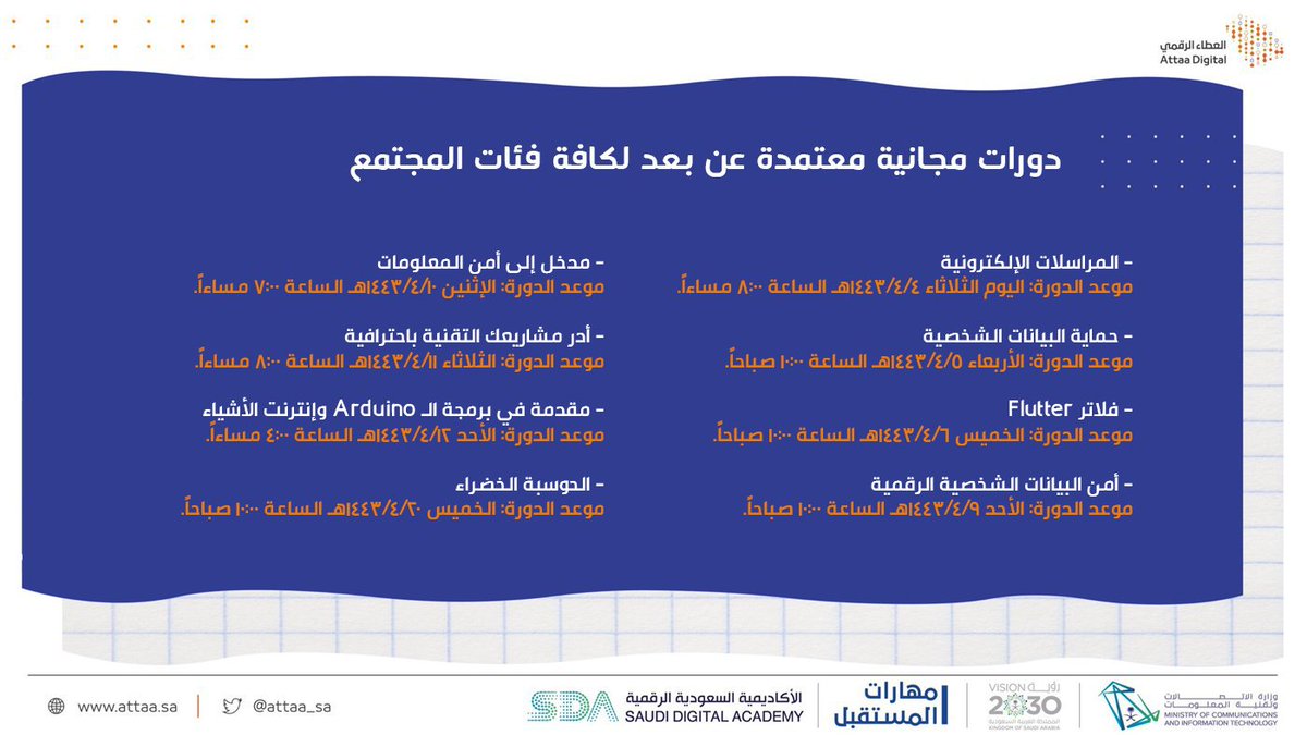 WadhefaDotCom's tweet photo. تبدأ من اليوم #الثلاثاء 1443/4/4هـ:

إعلان (8) دورات مجانية متقدمة #عن_بعد لكافة فئات المجتمع مع شهادات معتمدة في (أمن المعلومات، المراسلات الإلكترونية، البرمجة، إنترنت الأشياء، حماية البيانات الشخصية، الحوسبة الخضراء، وغيرها).

التفاصيل: https://t.co/9CQnP2JMh0

#التدريب_عن_بعد https://t.co/ijIEfZ0T4Z