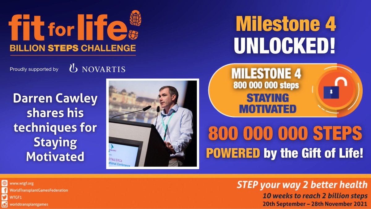 WTGF1's tweet photo. Over 800 000 000 steps walked in the #billionstepschallenge. Staying Motivated was our topic unlocked at Milestone 4. In this video, two times #kidney recipient Darren Cawley shares his tips on how to Stay Motivated π https://t.co/vZkQ0DcYCl
#poweredbythegiftoflife https://t.co/PQm9v5Mxah