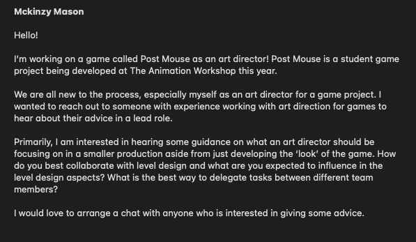 #gamedev #dkgame I need your help. One of our #theanimationworkshop students in our 3rd year game team is looking for some guidance with art direction. Any art directors out there who would be interested mentoring an aspiring gamedev? @ me if you're interested 🙏