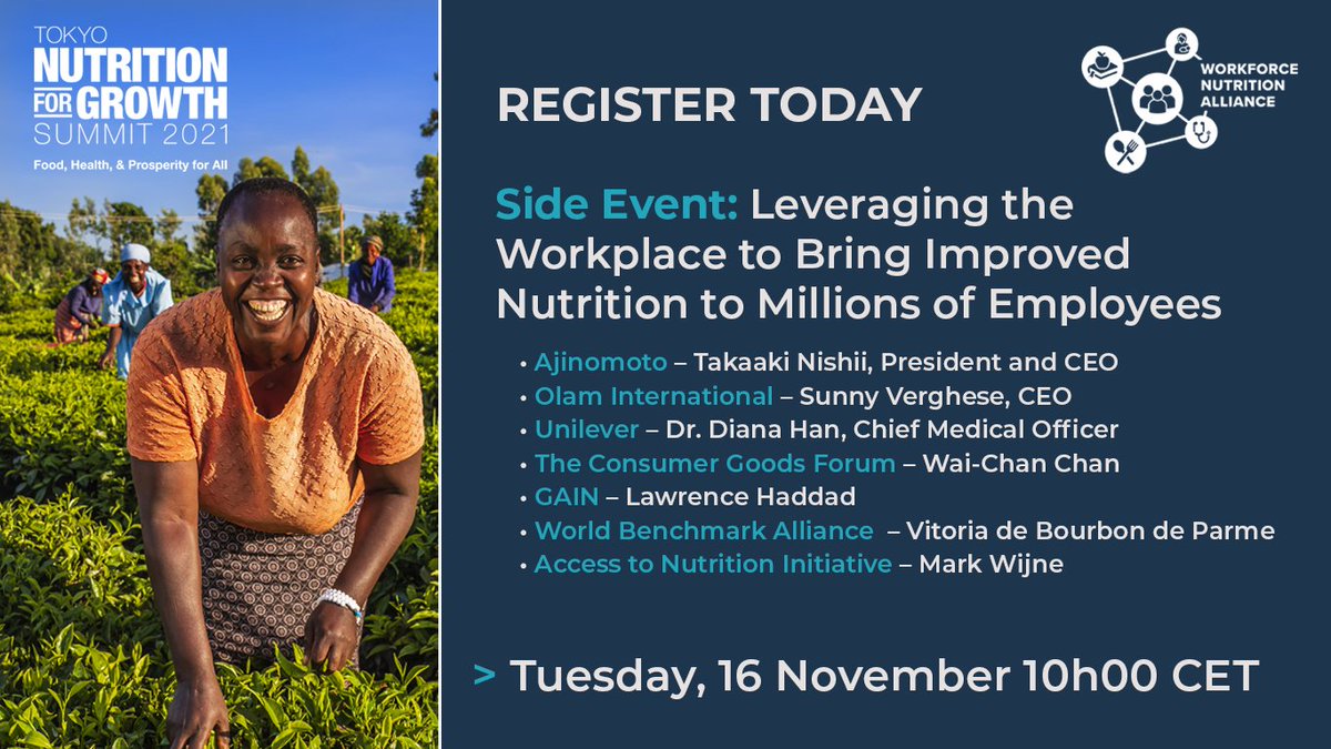 CGF_Health's tweet photo. Want to learn more about #WorkforceNutrition? Tune in to the “Leveraging the Workplace to Bring Improved Nutrition to Millions of Employees” Side Event at #N4GSummit2021!🗓️ 16 Nov 🕙 10:00 CET
🔗https://t.co/UYelBXIjB5 @NutritionWin @GAINalliance @Unilever @ATNIndex @Olam https://t.co/J6cs4XN9qx