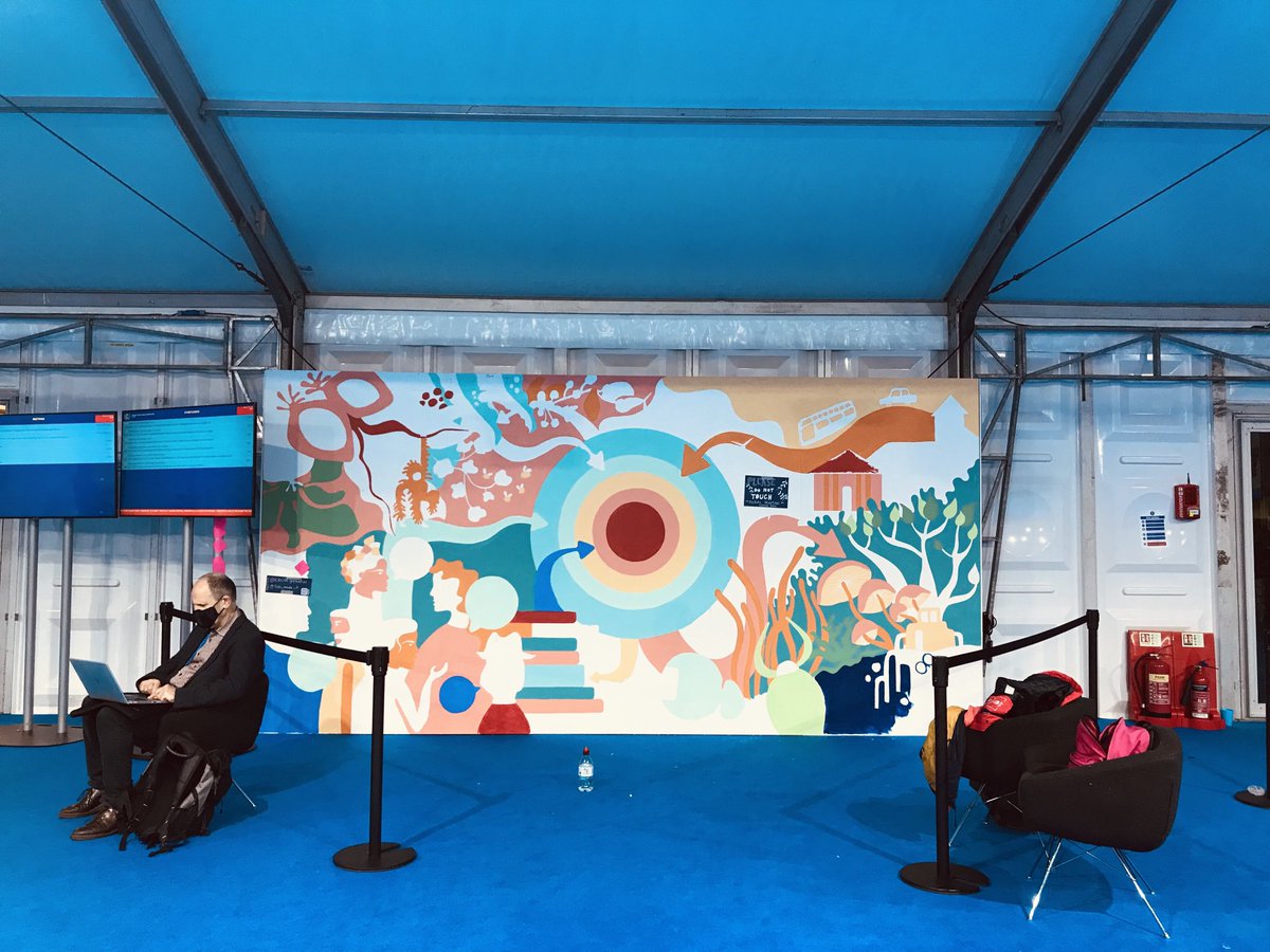cecilegirardin's tweet photo. End of day 2 #mural painting @cop26, #bluezone, opposite cloakroom. Text is starting today: if you are following a negotiation tract, please come and give us your insights! #cop26 #LossandDamage #deforestation #nature #commontimeframes #article6 #pledges #adaptationfund #netzero https://t.co/KnNeAIGfSk