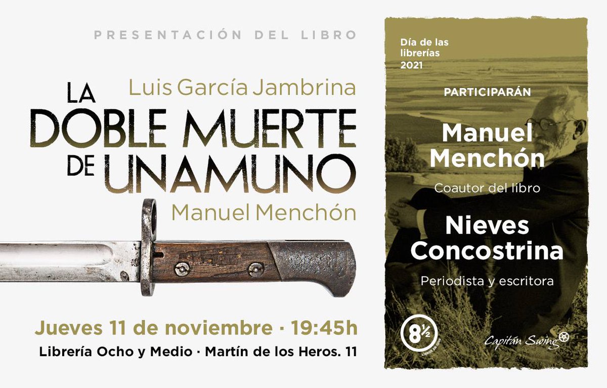 Capitan_Swing's tweet photo. Si el jueves estáis por Madrid y sin plan, ya lo tenéis. Y si lo teníais, mejor lo cambiáis, que en la @OchoyMedio_ Manuel Menchón y @NConcostrina van a contaros algunas cosas importantes sobre la doble muerte de Unamuno. https://t.co/DQOnRmp77Z