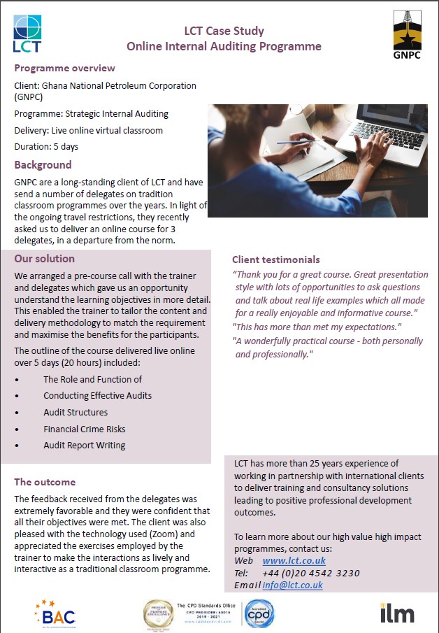 LCT_UK's tweet photo. Ghana National Petroleum Corporation requested a bespoke online Auditing programme for 3 of their senior staff and we delivered to excellent feedback! #corporatetraining #auditing #managementconsulting #LCT #traininganddevelopment #learninganddevelopment #HR #managementtraining https://t.co/11oEt91xgU