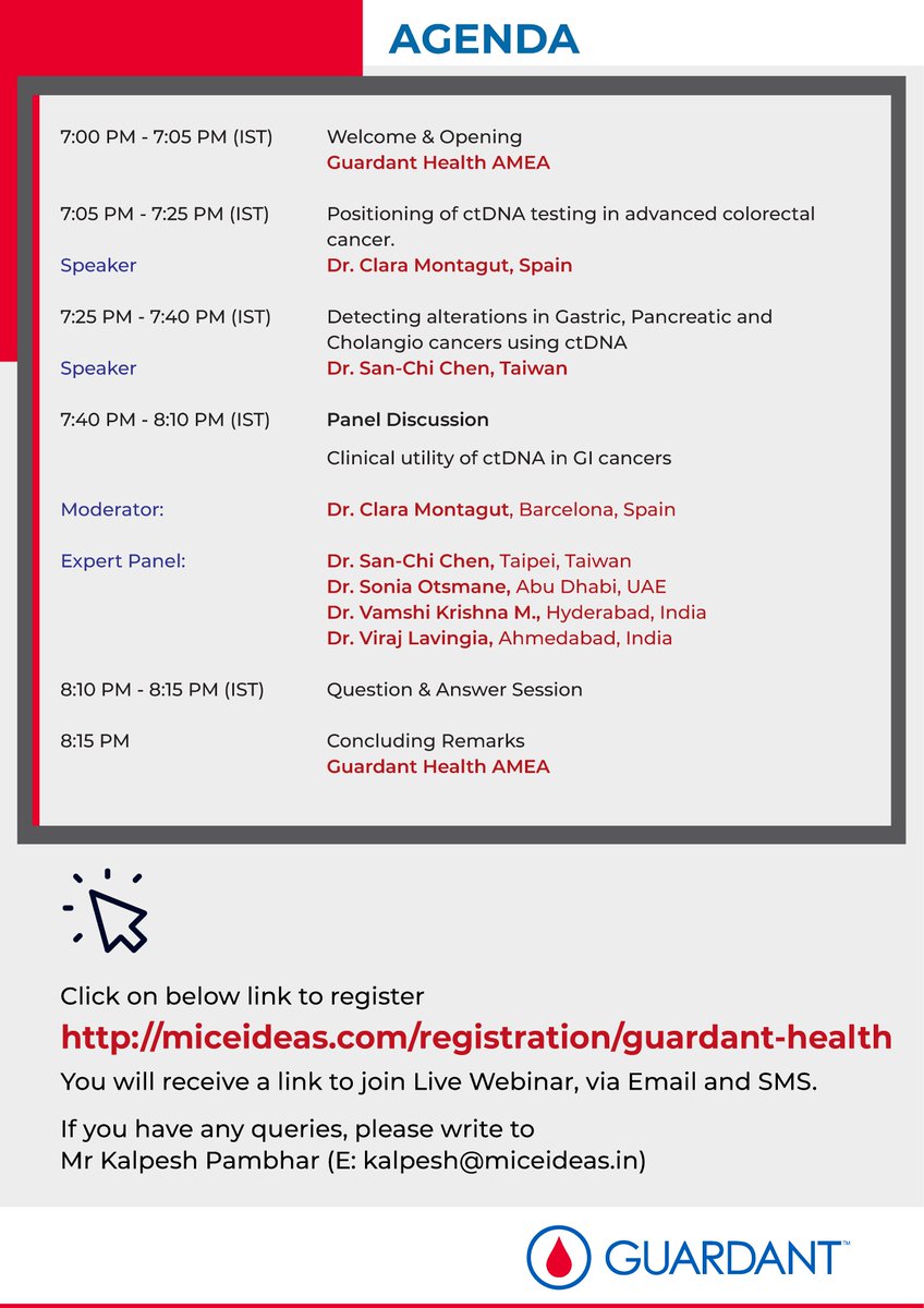 3 days to go! Inviting all oncologists! Join us for this webinar on 12 Nov at 7pm (IST) entitled “Clinical Utility of ctDNA testing in advanced gastrointestinal malignancies”.