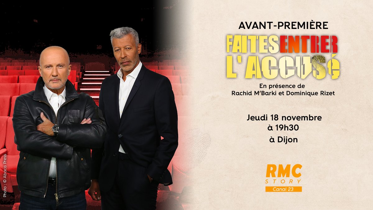 RMCStory's tweet photo. ⭐️ #JEUCONCOURS
🎟️ Gagnez une invitation pour 2 à l'#AvantPremière d'un nouvel épisode inédit de Faites entrer l'accusé #FELA en présence de @RachidMBarki et Dominique Rizet à #Dijon le jeudi 18/11 !

✅ Remplir le formulaire 👉 https://t.co/Bd7L2qpsCU
✅ Follow @RMCStory
✅ #RT https://t.co/BHU24rRslL