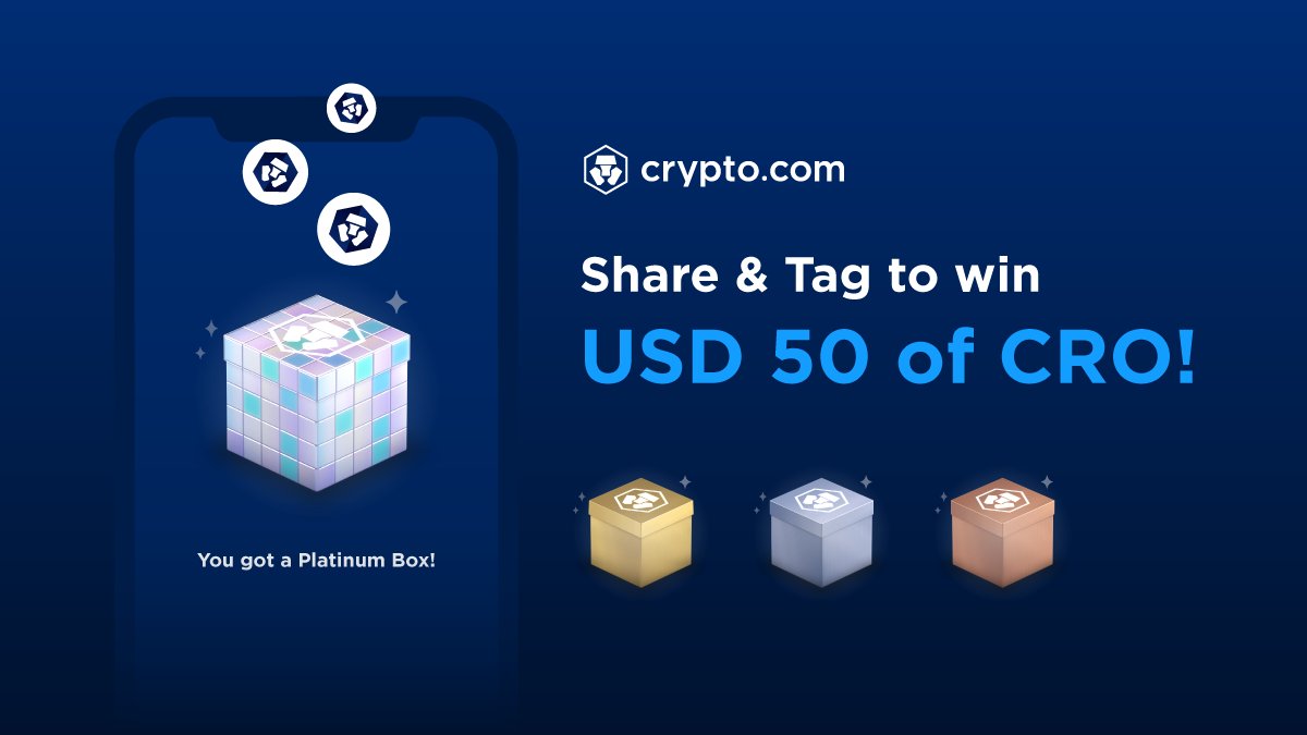 Share a screenshot of your Mystery Box reward for the chance to win USD 50  of CRO! 1️⃣: Follow us on Twitter 2️⃣: Post your screenshot with the  hashtag #CryptocomMissions 3️⃣: Tag