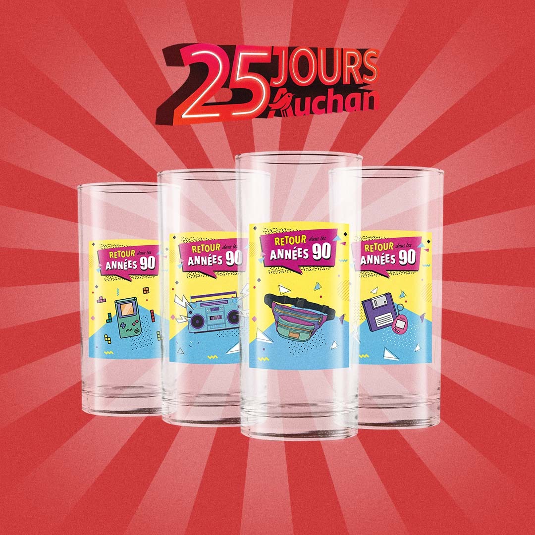 AUCHAN_France's tweet photo. [JEU CONCOURS] 
Pour les #25jours Auchan, tentez de remporter un set de verres collector des années 1990, nous en avons 50 à vous faire gagner ! Pour jouer, RT &amp; Follow @Auchan_France.

Fin de jeu le 23/11/2021 à 23h59. https://t.co/aSJsmsSBVA