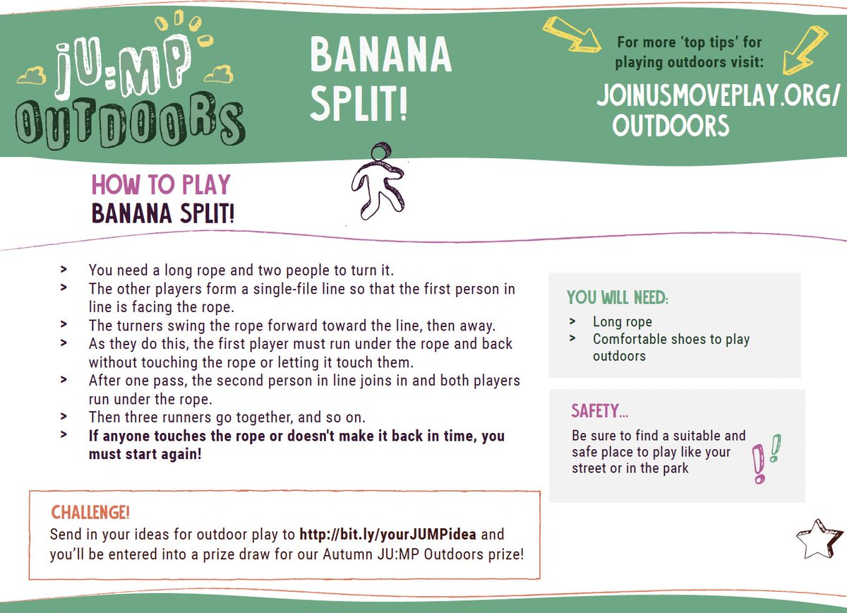 JoinUsMovePlay's tweet photo. NEW JU:MP challenge of the week! Can you play Banana Split? Remember Kids can submit their own outdoor play ideas at https://t.co/zX6RiD9U7V & have the chance to win a scooter through our prize draw! #BringBackOutdoorPlay because #OutdoorPlayMatters https://t.co/bdYJmKEWQV