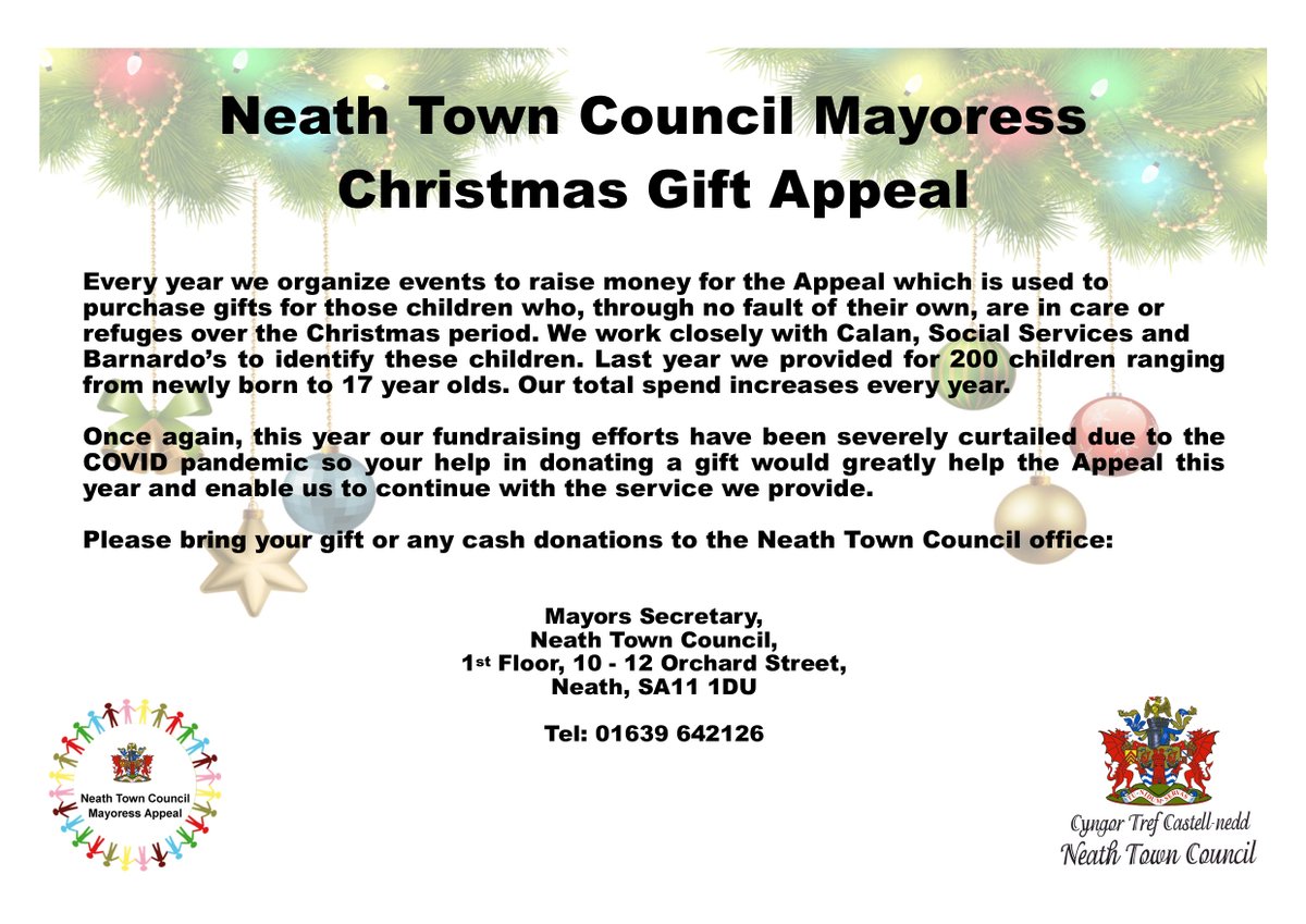 NeathTCouncil's tweet photo. Neath Town Council Mayoress Christmas Appeal 2021 ππ
#NeathTogether #NeathTownCouncil #MayoressAppeal #Charity #ChristmasGiftAppeal #Christmas2021 https://t.co/fdnOlMNqZc