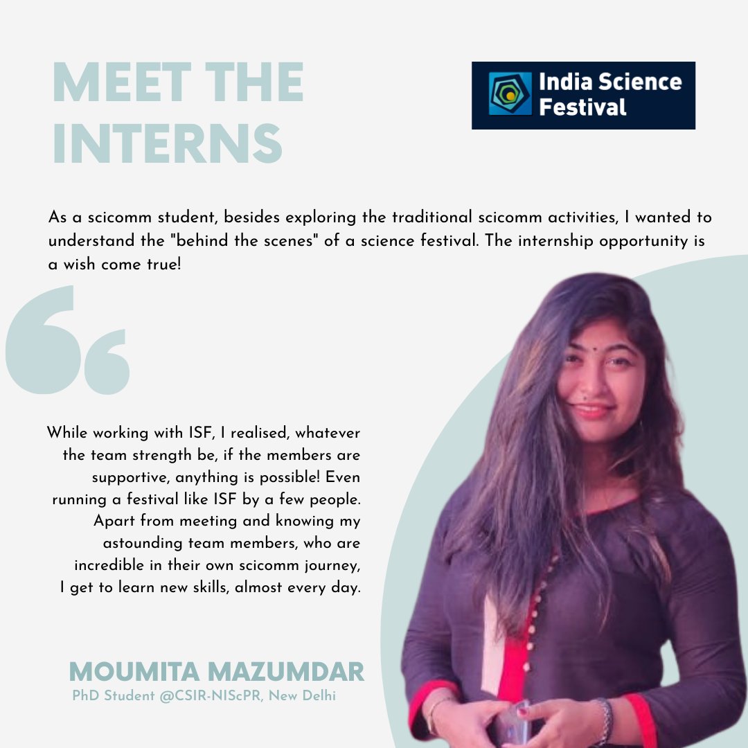 IndSciFest's tweet photo. A PhD student at @CSIR_NISCAIR, read about @MoumiMazumdar 's experience interning at #ISF! Moumita is a whiz at designing creatives, and is also a fantastic video editor!
#Scicomm #indiasciencefest #science #continnum #fest https://t.co/Pe1i5kFbAw
