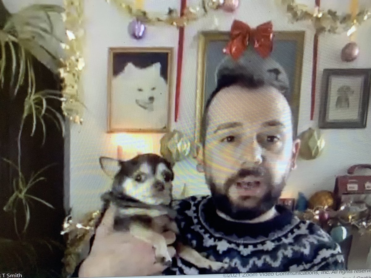 Bookishcrick's tweet photo. So excited that we’re now live with the brilliant @Alex_T_Smith and Cocoa (who wasn’t sure about wearing her Christmas outfit!) #VirtuallyTogether with over 5000 pupils form 70 schools opening our count down to Christmas with Winston event! 🐭 🎄 📚 https://t.co/ke99DUvU7w