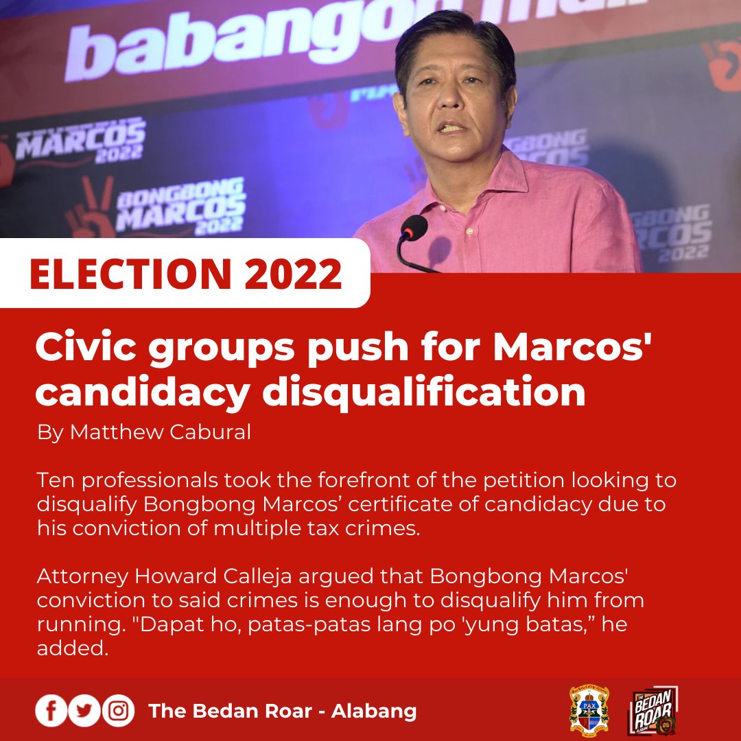 BedanRoarSBCA_'s tweet photo. Civic groups are pushing for the disqualification of Bongbong Marcos' presidential candidacy.

Report by: Matthew Cabural

#BedanRoarAlabang
#ForFearlessTruth https://t.co/r2yBjvYcbg
