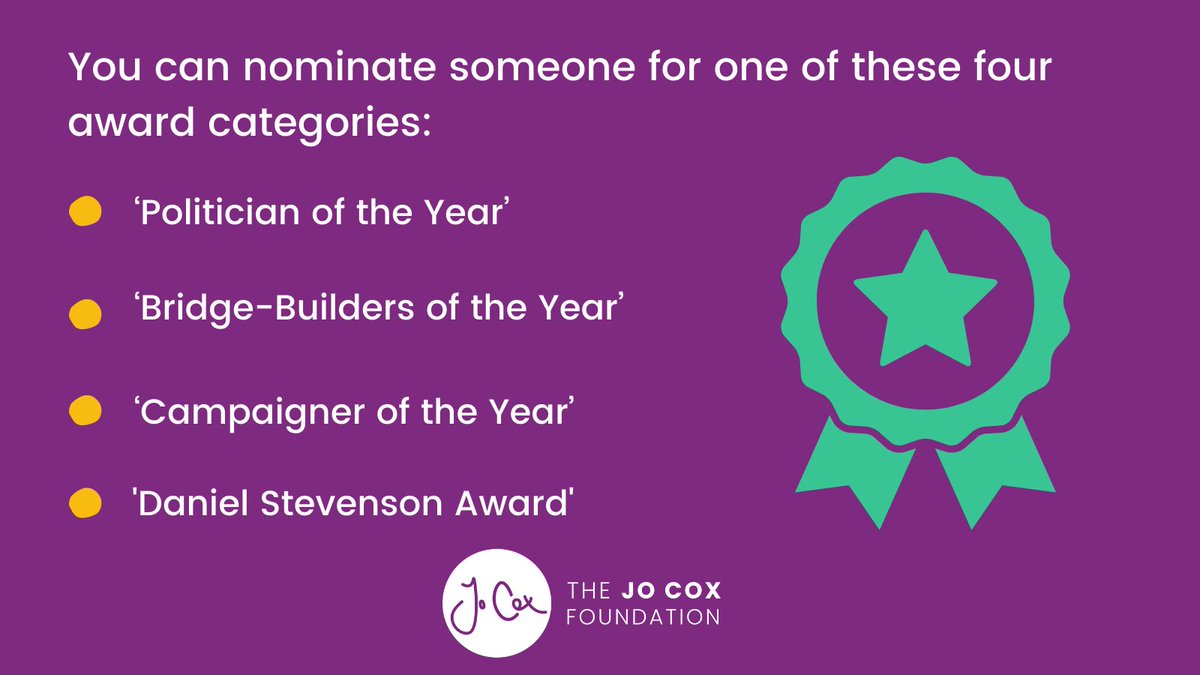 JoCoxFoundation's tweet photo. Nominations are now open for the Civility in Politics Awards! 🗳️ 🏆

Over the past few years, Britain has become dangerously characterised by a divisive public life and discourse. These awards celebrate positive politics and civility.

Make a nomination 👇
https://t.co/GgQMqLFLix https://t.co/6U7O823AK6