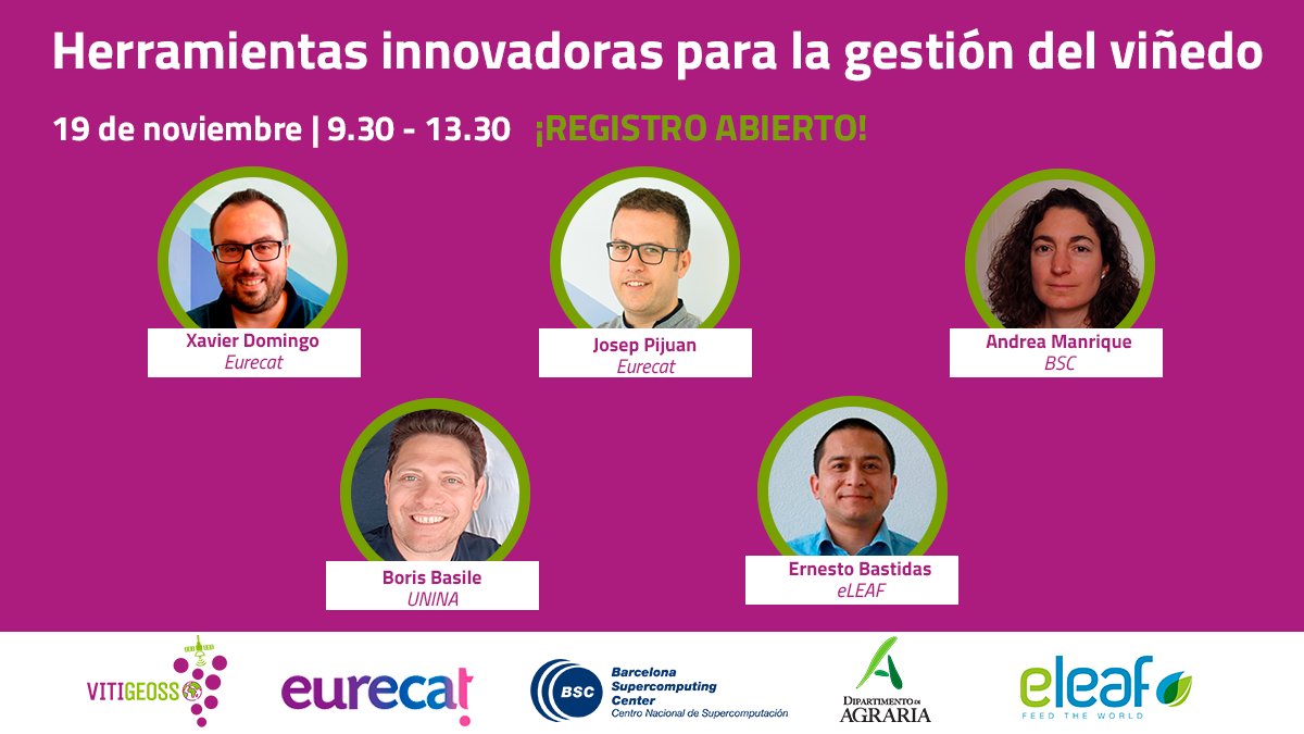 El próximo viernes 19/11 socios de <a href="/Eurecat_news/">Eurecat</a>, <a href="/BSC_CNS/">BSC-CNS</a>, <a href="/eleaf/">eLEAF</a> y <a href="/UninaIT/">Unina Federico II</a> organizan la sesión "Herramientas innovadoras para la gestión del viñedo"  en el marco del evento organizado por el proyecto #VitiGEOSS

❗️Inscríbete ahora: vitigeoss.eu/local-stakehol…