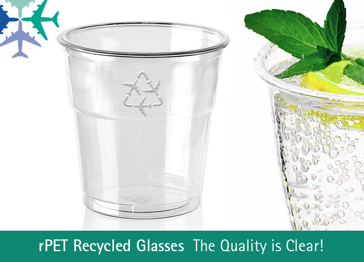 Our rPET EU made glasses are 100% Recycled PET waste and can be printed or embossed. rPET cup production uses no additional natural resources, has no Carbon emission and can be recycled again and again! The quality is clear planetalking.net #sustainable #recycled #airlines
