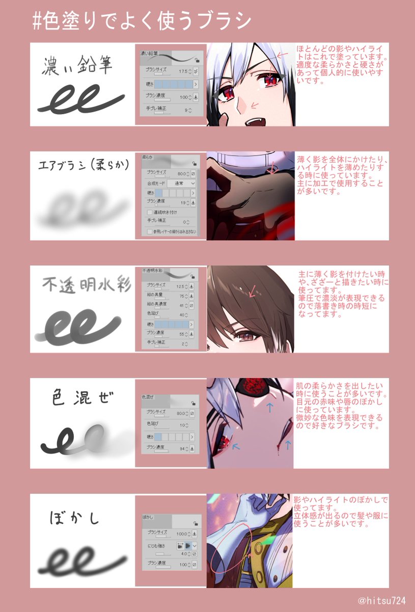 マシュマロより塗りのブラシを教えて欲しいとのリクエストがございましたので私が普段使用しているブラシをまとめてみました!ご参考になりましたら嬉しいです…🙏 全てクリスタのデフォルトブラシを使用しています! 