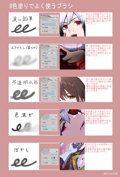 マシュマロより塗りのブラシを教えて欲しいとのリクエストがございましたので私が普段使用しているブラシをまとめてみました!ご参考になりましたら嬉しいです…🙏 全てクリスタのデフォルトブラシを使用しています! 