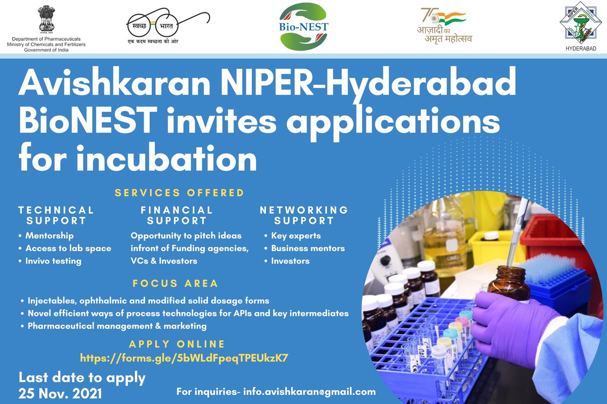 AvishkaranNiper's tweet photo. @AvishkaranNiper invites applications for incubation in the pharmaceutical domain. Focused areas include but are not limited to the Development and testing of injectables, ophthalmic, and modified solid dosage forms &amp; novel efficient ways of API process technologies https://t.co/U7PFSyh8Lj