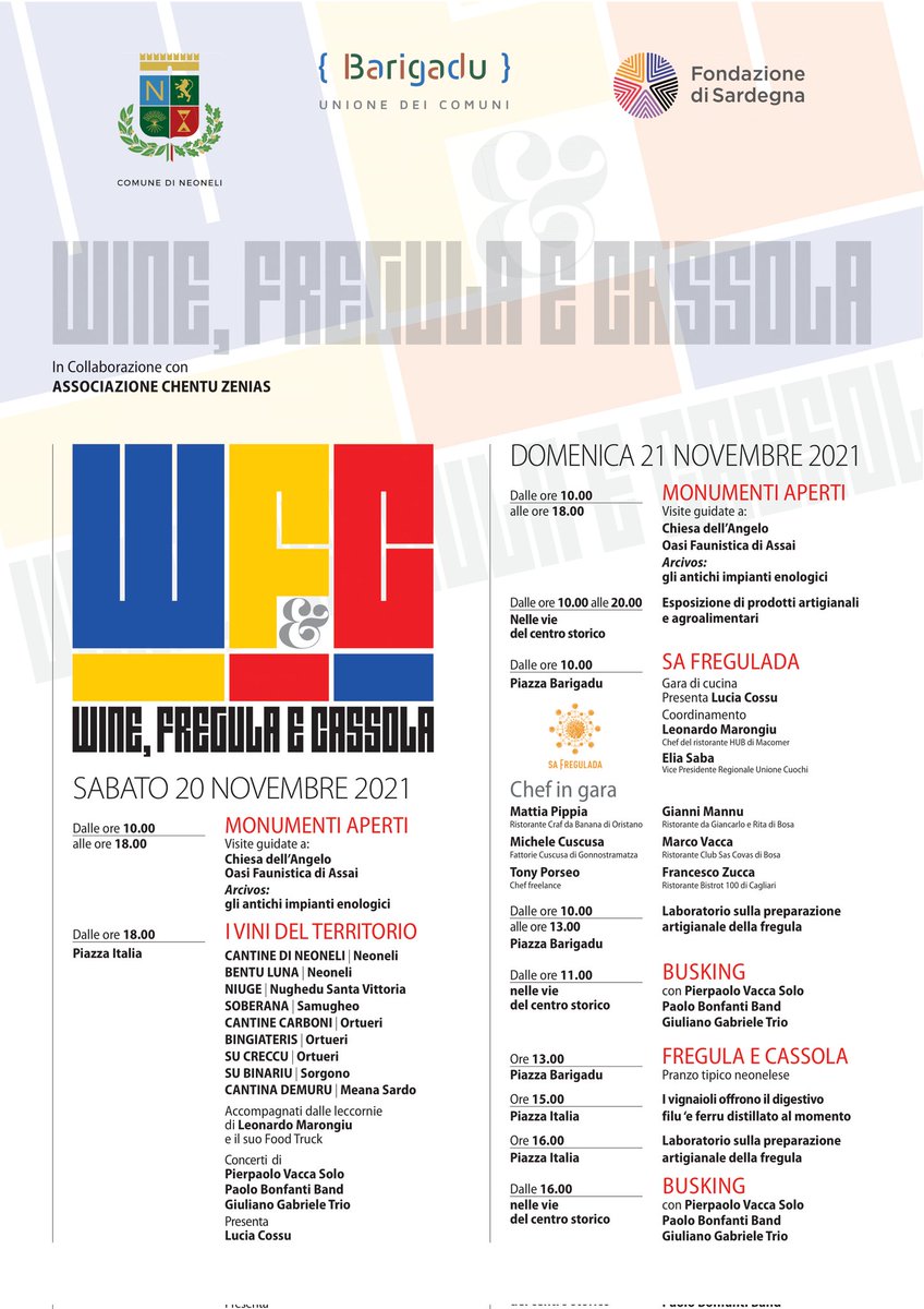 PaoloSatta9's tweet photo. * Wine, Fregula &amp; Cassola (WFC) *

Neoneli (OR) - 20 e 21 Novembre 2021

La manifestazione enogastronomica nel piccolo paese del Barigadu.

#Neoneli #Barigadu #Sardegna #Gastronomia #fregula #cassola #chef #vino #musica #monumentiaperti #laboratori #artigianato #agroalimentare https://t.co/OexVHTzlzq