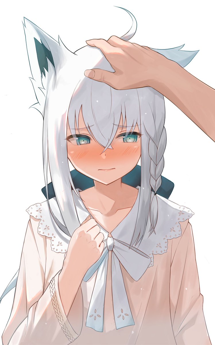 shirakami fubuki 1girl animal ears fox ears white hair blush headpat braid  illustration images