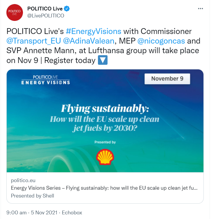 GreenpeaceEU's tweet photo. .@POLITICOEurope had 2⃣ #FossilFuel-sponsored events planned today (during #COP26!😱)

But after @FossilFreeEU wrote to the EU officials on the panels, the first event had to be postponed 💥

@AdinaValean - still planning to speak at @Shell's greenwashing event later? 😡 https://t.co/vMyBOa9Kir