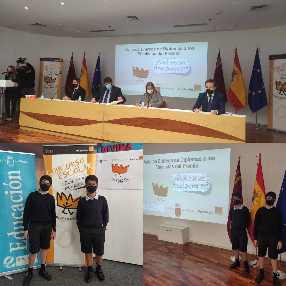 MonteagudoNelva's tweet photo. Concurso nacional "¿Qué es un Rey para ti?"

Dos alumnos de nuestro colegio, Luis Galdo e Ignacio Mosquera, se clasificaron para la final de la Región de Murcia. Recibieron de manos del Presidente de la Región de Murcia, Don Fernando López Miras, unos obsequios.
¡Enhorabuena! https://t.co/DLksCktcce