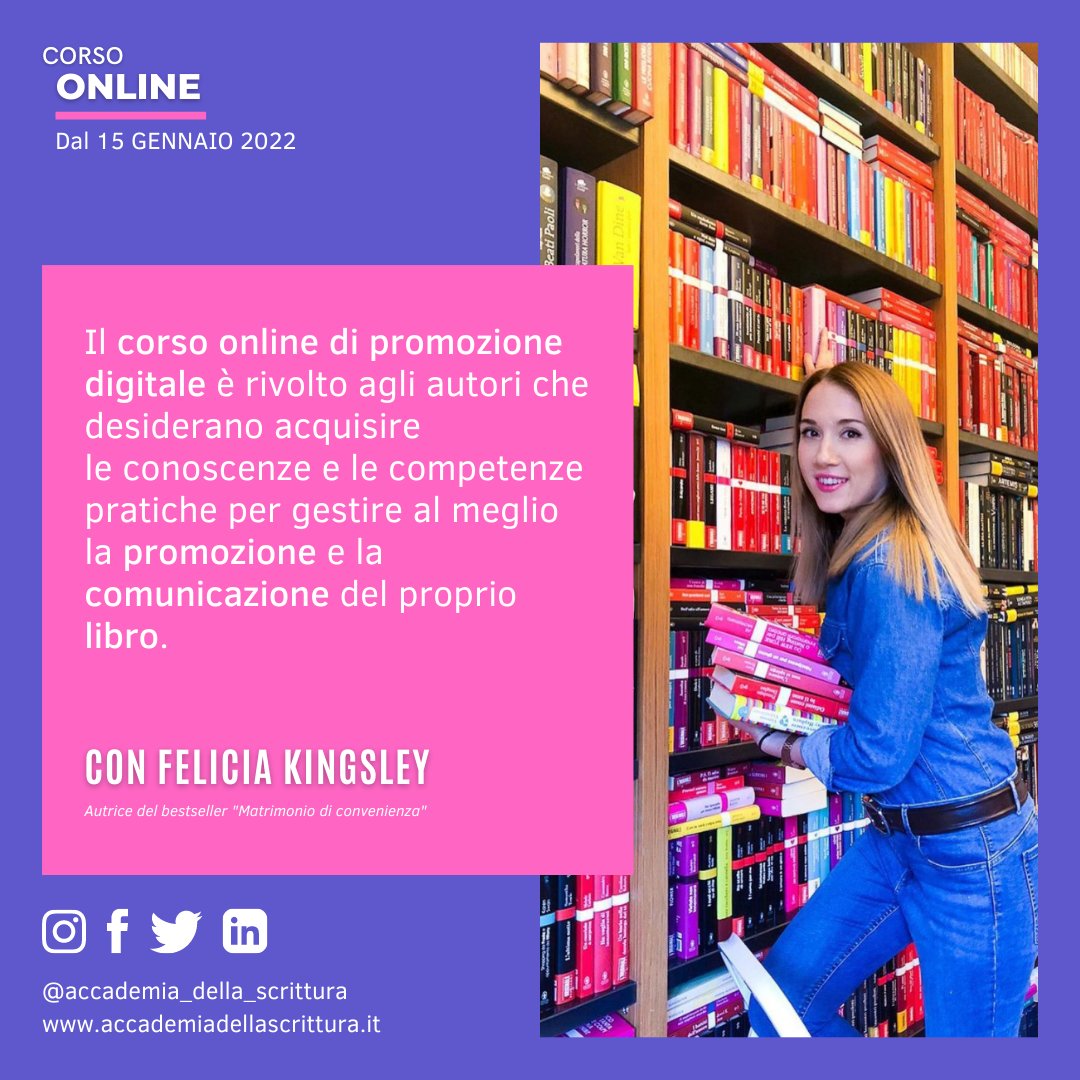 AScrittura's tweet photo. > Dal 15 gennaio: corso #online di PROMOZIONE E AUTOPROMOZIONE DIGITALE con Felicia Kingsley.
L’editoria è diventata digitale e bisogna imparare ad autopromuoversi. Felicia Kingsley ha ideato un percorso per aiutare gli scrittori ad attirare i lettori attraverso i social media. https://t.co/N5zBcG4bCV