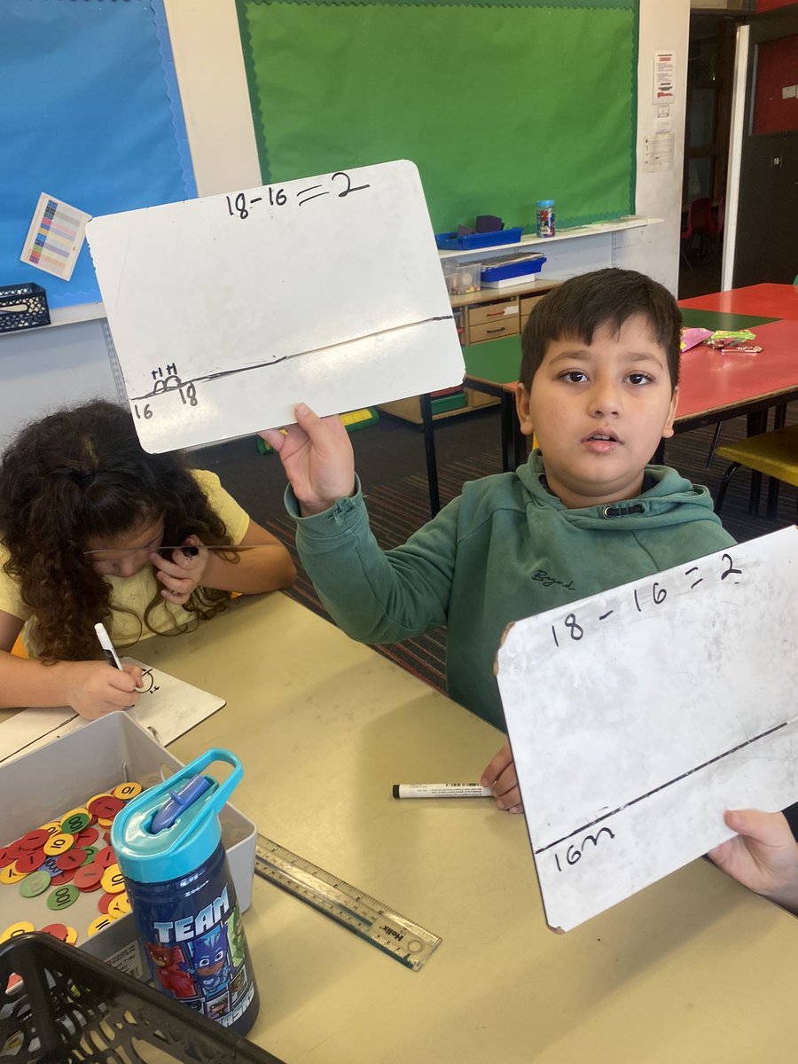 MissKerr15's tweet photo. This superstar can use an open numberline and ‘counting on’ to solve subtraction problems. Well done! #glasgowcounts @StFrancis_PS https://t.co/NWINAbdjDN