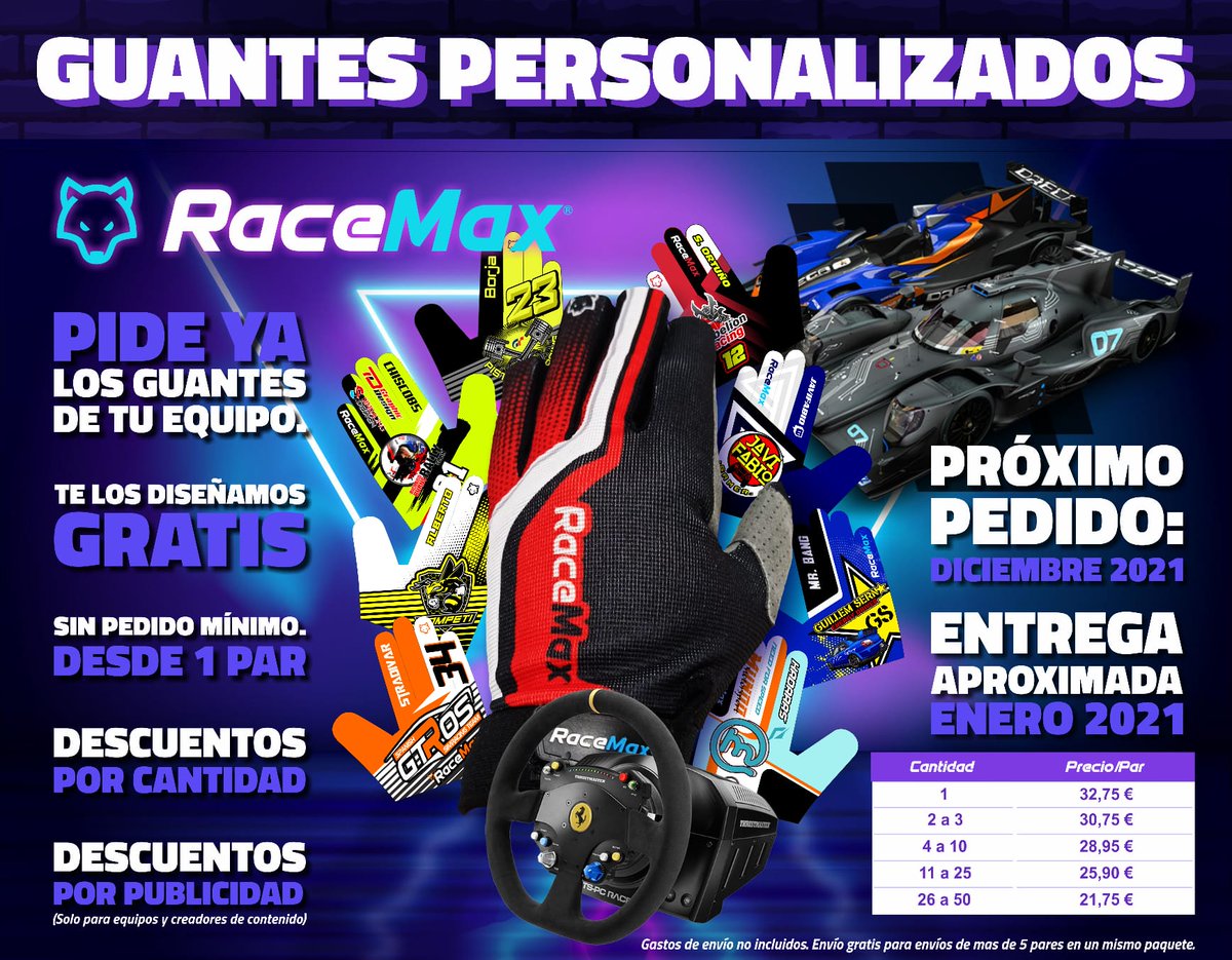 Abrimos lista para el siguiente pedido de personalizados. El próximo pedido se hará en Diciembre. No te quedes sin tu par de guantes personalizados. Precios con descuento para equipos.
Mas información por MD, en racemax.es o por correo en: info@racemax.es.